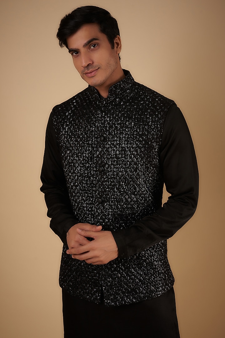 Black Suiting Hand Embroidered Nehru Jacket Set by Kunal Rawal at Pernia's Pop Up Shop