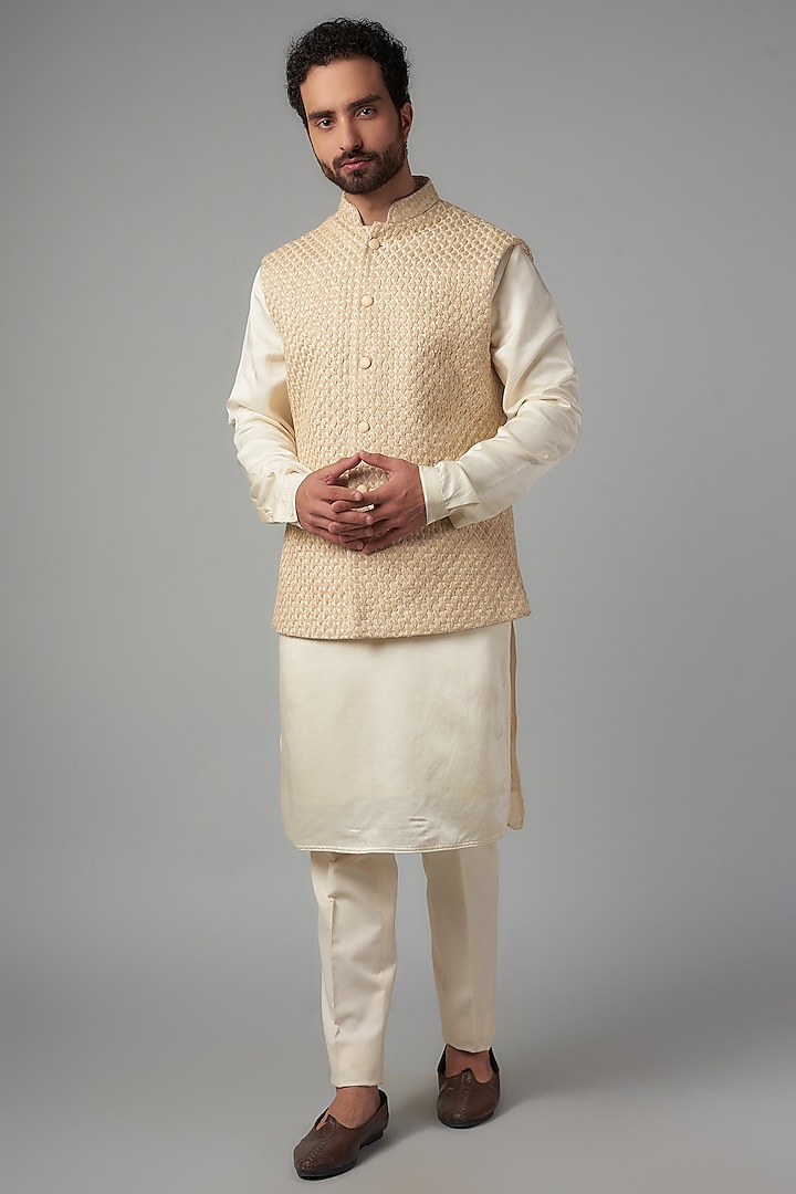 Vanilla & Gold Embroidered Nehru Jacket Set by Kunal Rawal