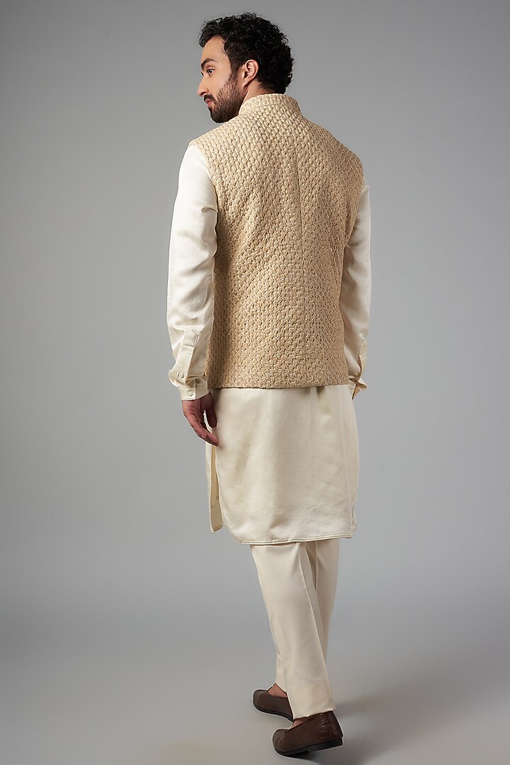 Vanilla & Gold Embroidered Nehru Jacket Set by Kunal Rawal at Pernia's Pop Up Shop