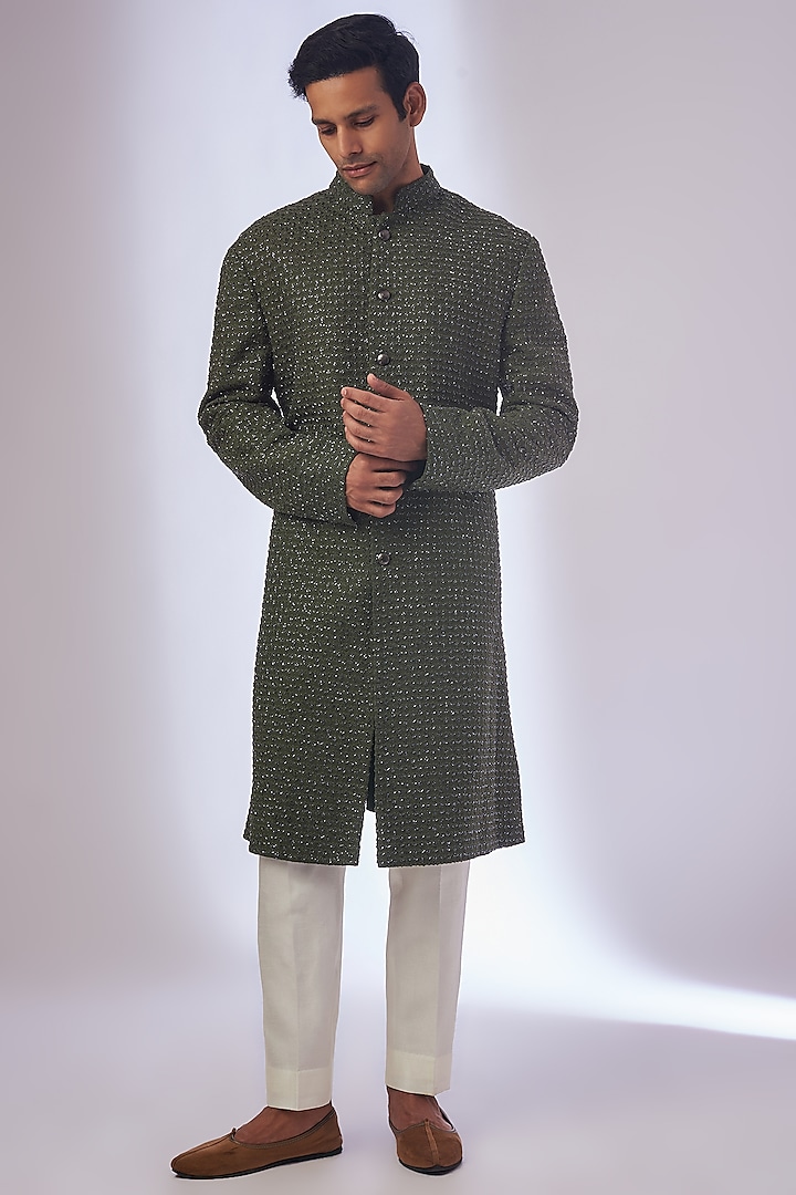 Olive Silk Cutdana Embroidered Sherwani by Kunal Rawal