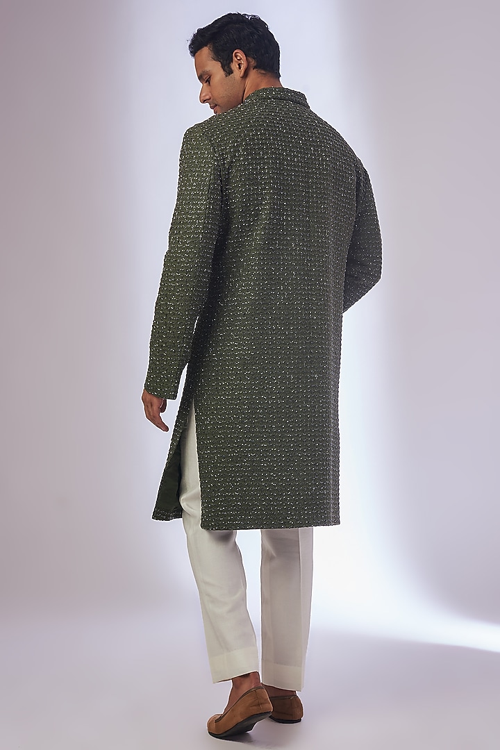 Olive Silk Cutdana Embroidered Groom Sherwani by Kunal Rawal at Pernia's Pop Up Shop