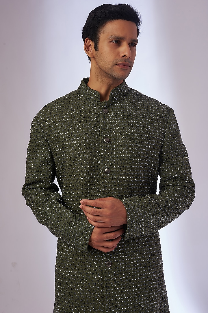 Olive Silk Cutdana Embroidered Groom Sherwani by Kunal Rawal at Pernia's Pop Up Shop