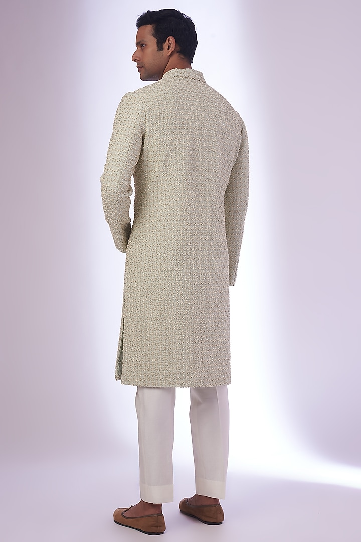 Whitish Mint Suiting Embroidered Groom Sherwani by Kunal Rawal at Pernia's Pop Up Shop