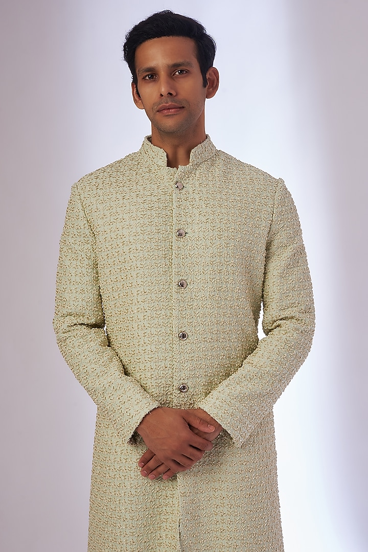 Whitish Mint Suiting Embroidered Groom Sherwani by Kunal Rawal at Pernia's Pop Up Shop
