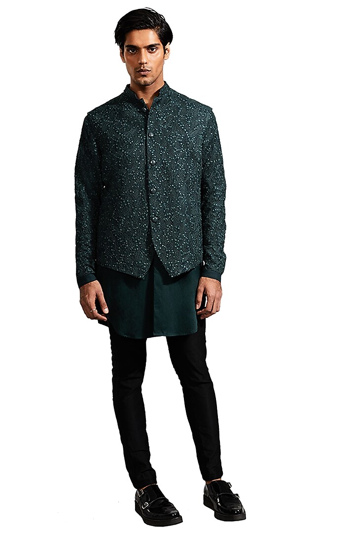 Teal Blue Deconstructed Jacket With Kurta by Kunal Rawal