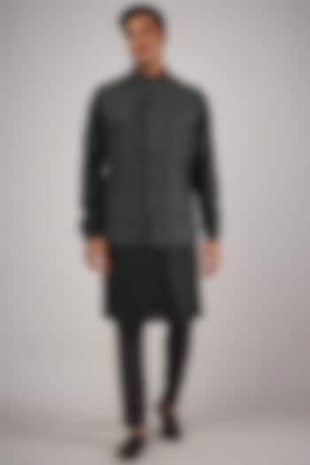 Charcoal Grey Suiting Thread Embroidered Nehru Jacket Set by Kunal Rawal at Pernia's Pop Up Shop