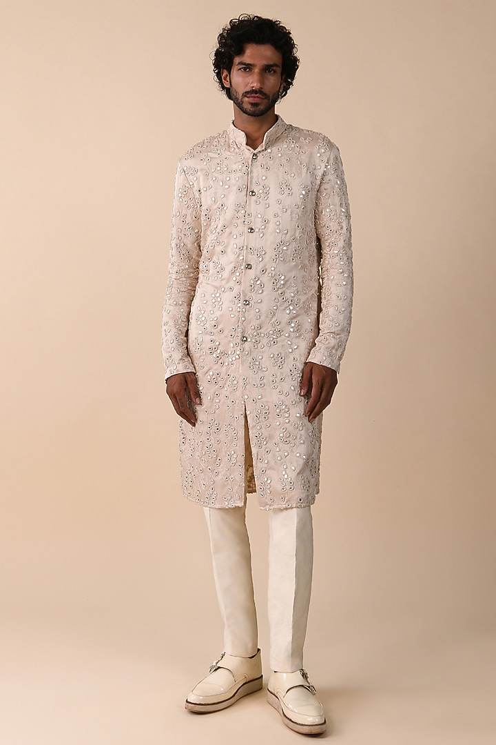 Vanilla White Linen Satin Mirror & Knot Work Kurta by Kunal Rawal at Pernia's Pop Up Shop