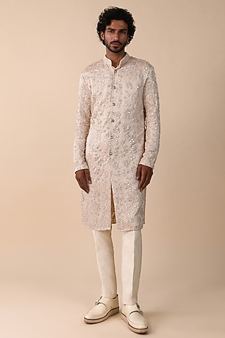 Vanilla White Linen Satin Mirror & Knot Work Kurta by Kunal Rawal