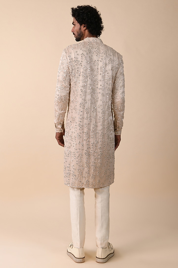 Vanilla White Linen Satin Mirror & Knot Work Kurta by Kunal Rawal at Pernia's Pop Up Shop