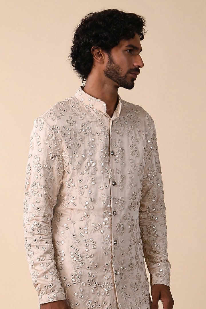 Vanilla White Linen Satin Mirror & Knot Work Kurta by Kunal Rawal at Pernia's Pop Up Shop
