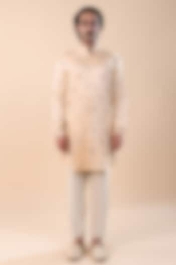 Light Beige Linen Satin Thread Work Kurta by Kunal Rawal