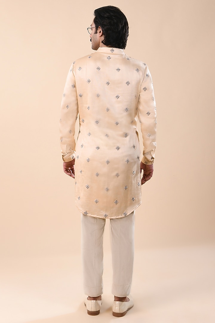 Light Beige Linen Satin Thread Work Kurta by Kunal Rawal at Pernia's Pop Up Shop