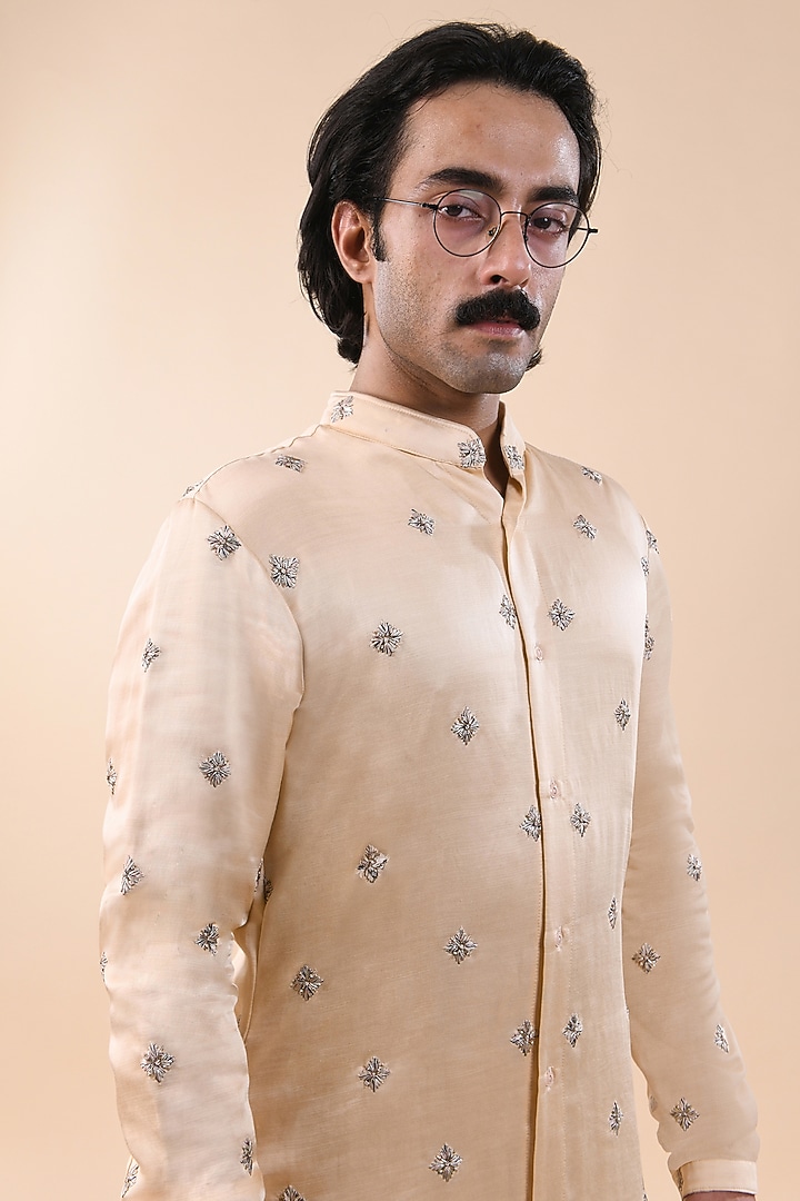 Light Beige Linen Satin Thread Work Kurta by Kunal Rawal at Pernia's Pop Up Shop