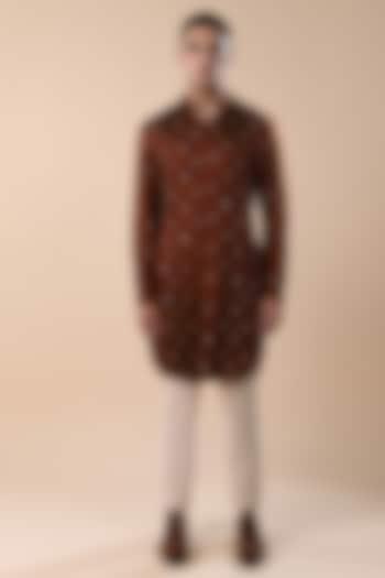 Rust Linen Satin Mirror Embroidered Panelled Kurta by Kunal Rawal