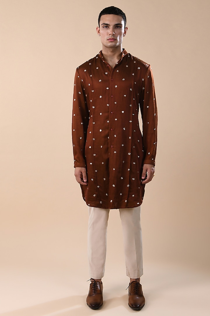 Rust Linen Satin Mirror Embroidered Panelled Kurta by Kunal Rawal