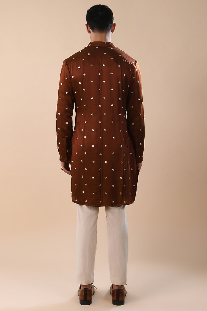 Rust Linen Satin Mirror Embroidered Panelled Kurta by Kunal Rawal at Pernia's Pop Up Shop