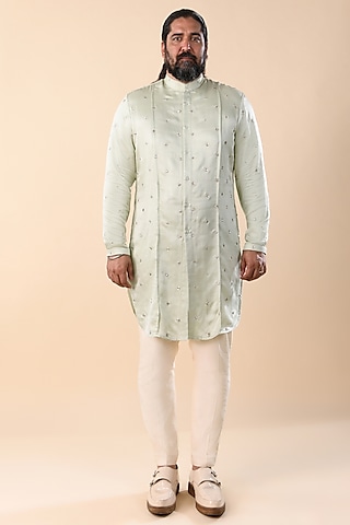 Mint Green Linen Satin Mirror Embroidered Panelled Kurta by Kunal Rawal