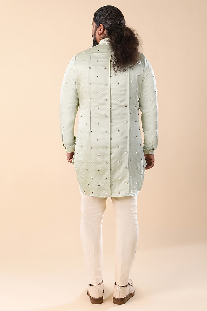 Mint Green Linen Satin Mirror Embroidered Panelled Kurta by Kunal Rawal at Pernia's Pop Up Shop