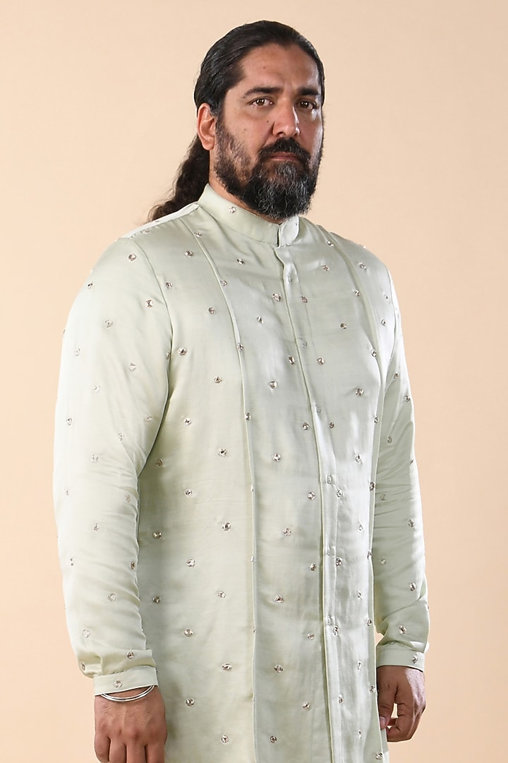 Mint Green Linen Satin Mirror Embroidered Panelled Kurta by Kunal Rawal at Pernia's Pop Up Shop