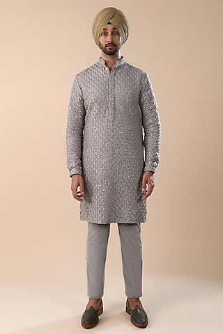 Steel Grey Silk Mirror & Bead Work Kurta by Kunal Rawal