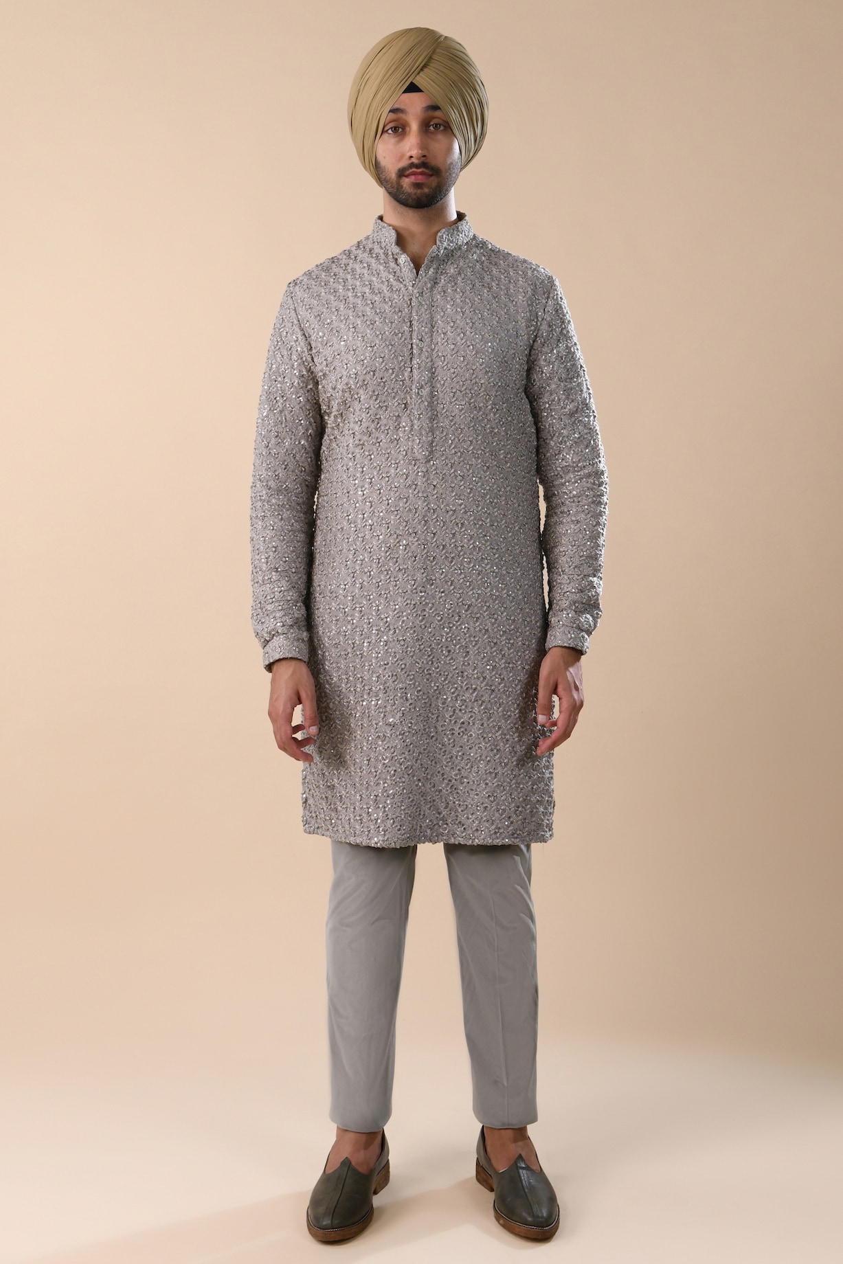 Steel Grey Silk Mirror Bead Work Kurta by Kunal Rawal at