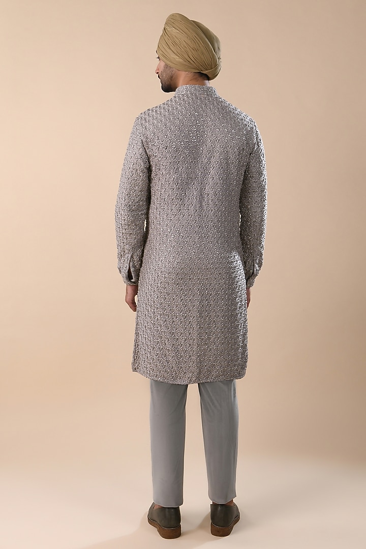 Steel Grey Silk Mirror & Bead Work Kurta by Kunal Rawal at Pernia's Pop Up Shop
