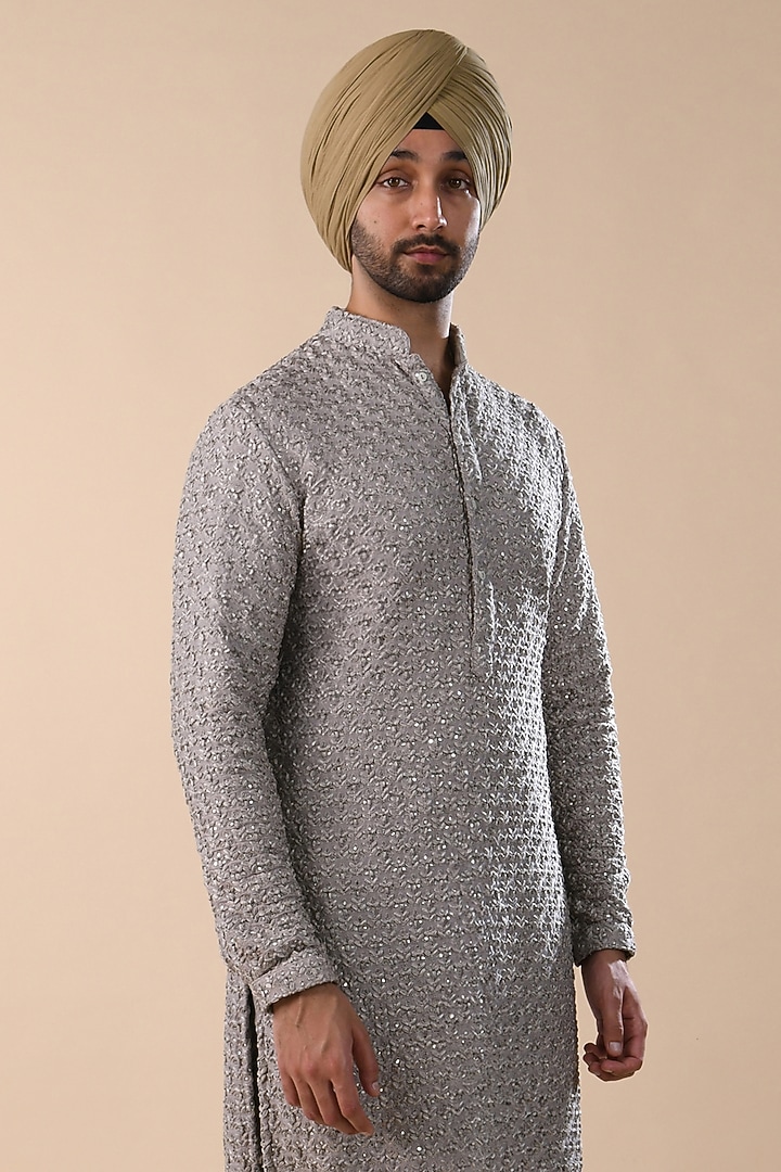 Steel Grey Silk Mirror & Bead Work Kurta by Kunal Rawal at Pernia's Pop Up Shop