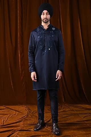 Navy Blue Linen Satin Mirror Work Kurta by Kunal Rawal