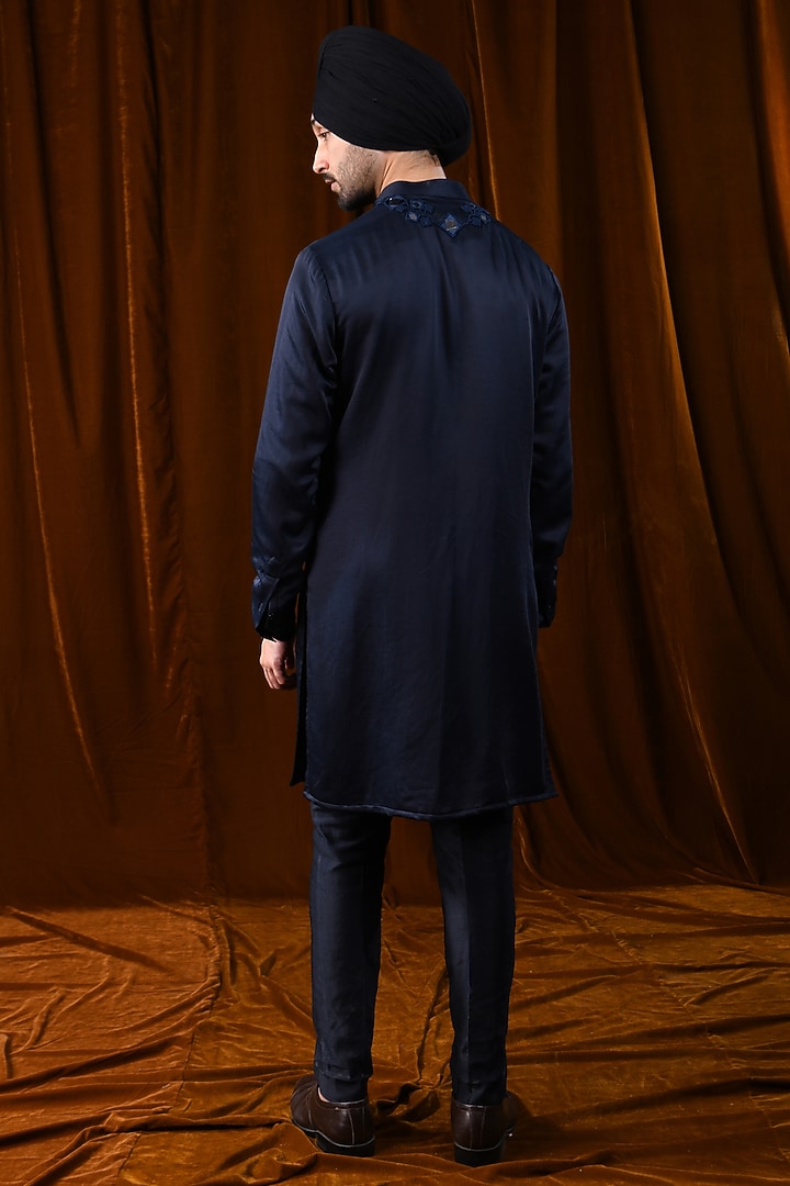 Navy Blue Linen Satin Mirror Work Kurta by Kunal Rawal at Pernia's Pop Up Shop