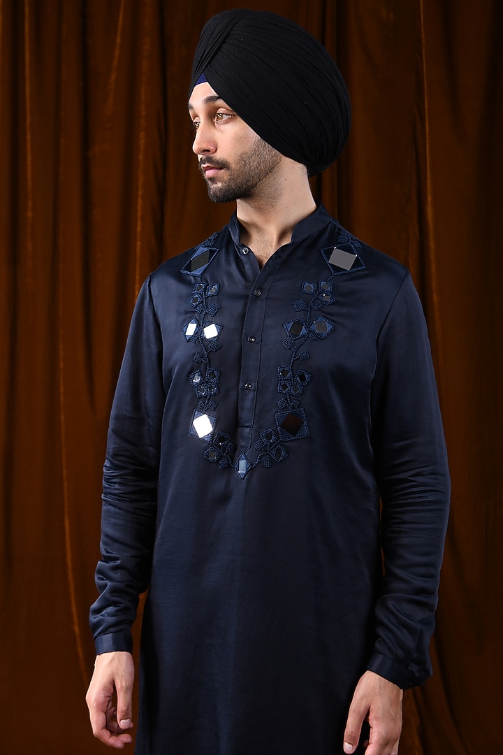 Navy Blue Linen Satin Mirror Work Kurta by Kunal Rawal at Pernia's Pop Up Shop