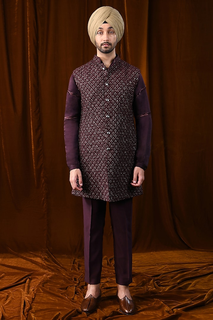 Wine Silk Mirror & Thread Work Nehru Jacket by Kunal Rawal at Pernia's Pop Up Shop