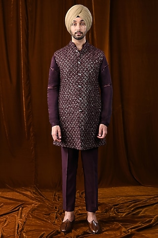 Wine Silk Mirror & Thread Work Nehru Jacket by Kunal Rawal