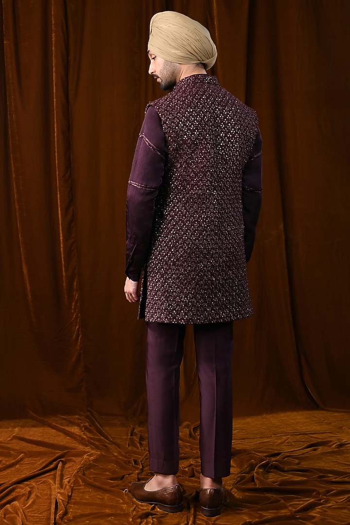 Wine Silk Mirror & Thread Work Nehru Jacket by Kunal Rawal at Pernia's Pop Up Shop