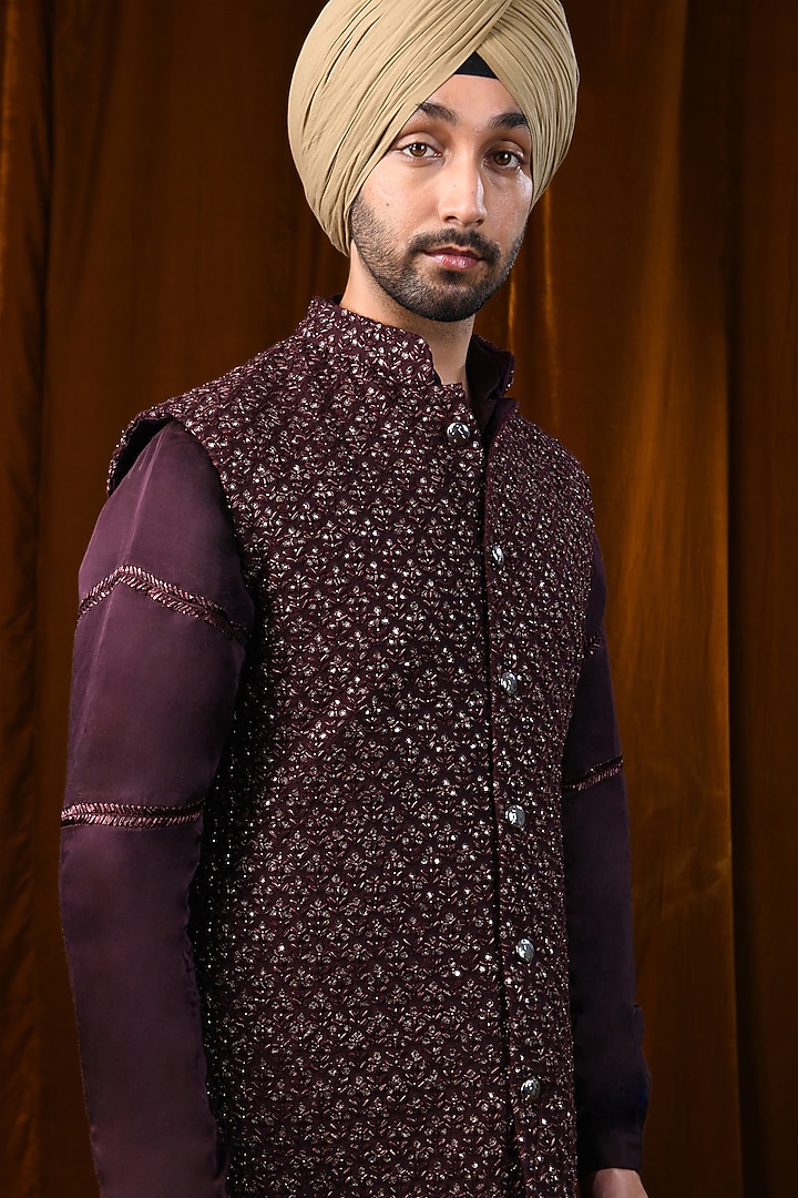 Wine Silk Mirror & Thread Work Nehru Jacket by Kunal Rawal at Pernia's Pop Up Shop