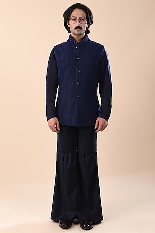 Navy Blue Suiting Thread & Knot Work Nehru Jacket by Kunal Rawal