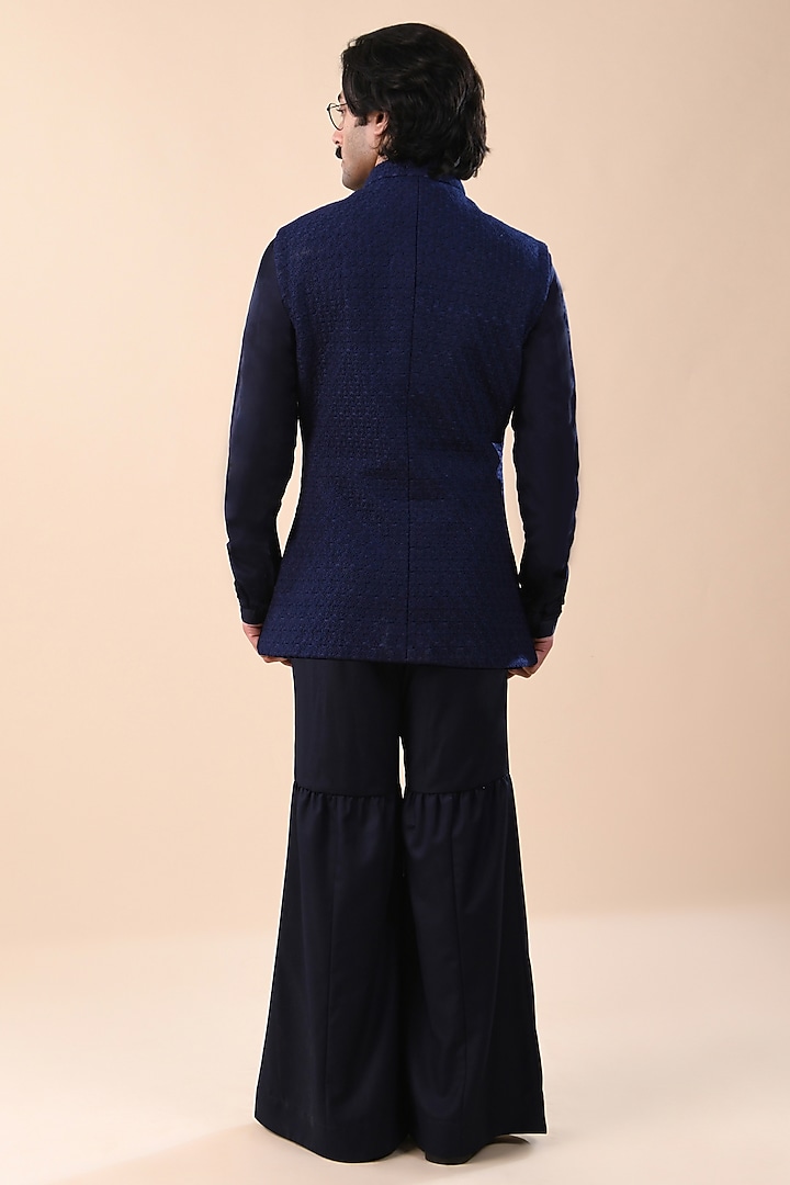 Navy Blue Suiting Thread & Knot Work Nehru Jacket by Kunal Rawal at Pernia's Pop Up Shop