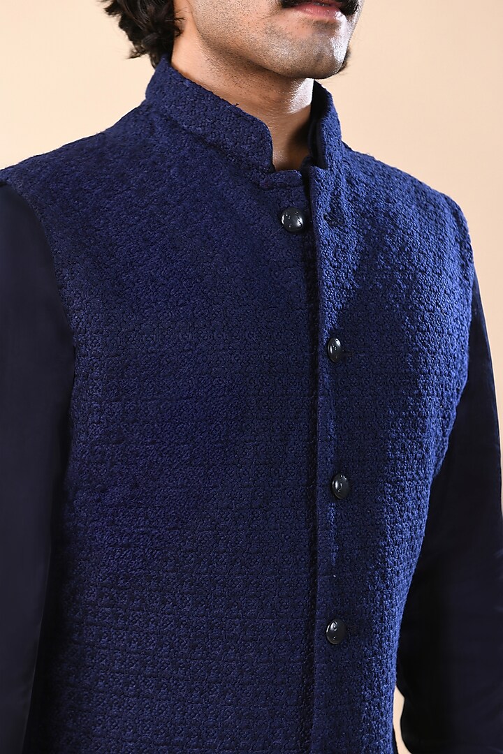 Navy Blue Suiting Thread & Knot Work Nehru Jacket by Kunal Rawal at Pernia's Pop Up Shop