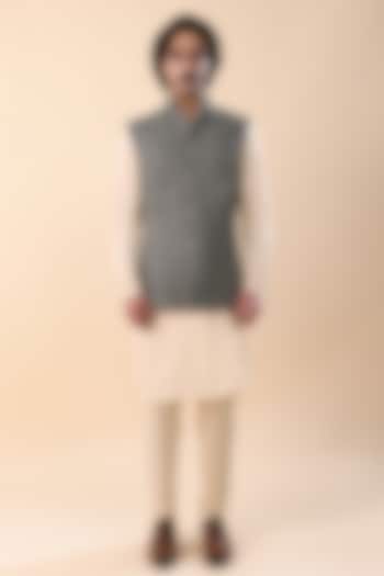 Washed Olive Linen Satin Nehru Jacket by Kunal Rawal at Pernia's Pop Up Shop