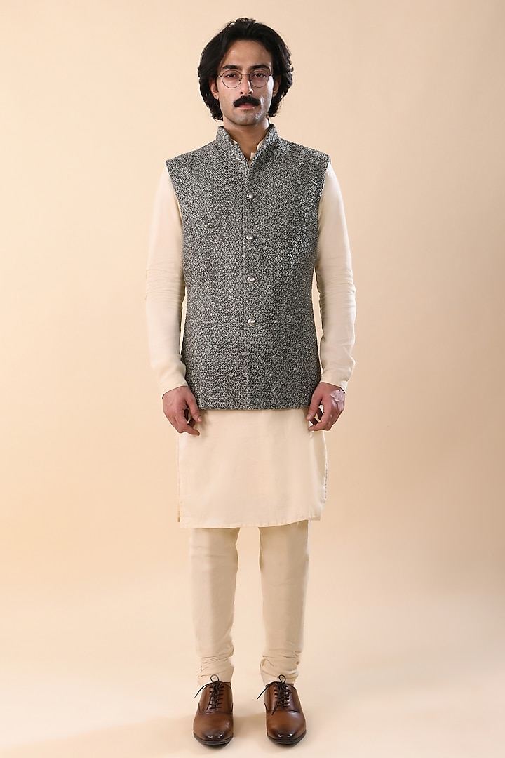 Washed Olive Linen Satin Nehru Jacket by Kunal Rawal at Pernia's Pop Up Shop