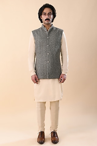 Washed Olive Linen Satin Nehru Jacket by Kunal Rawal
