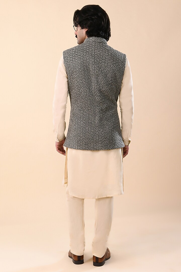 Washed Olive Linen Satin Nehru Jacket by Kunal Rawal at Pernia's Pop Up Shop
