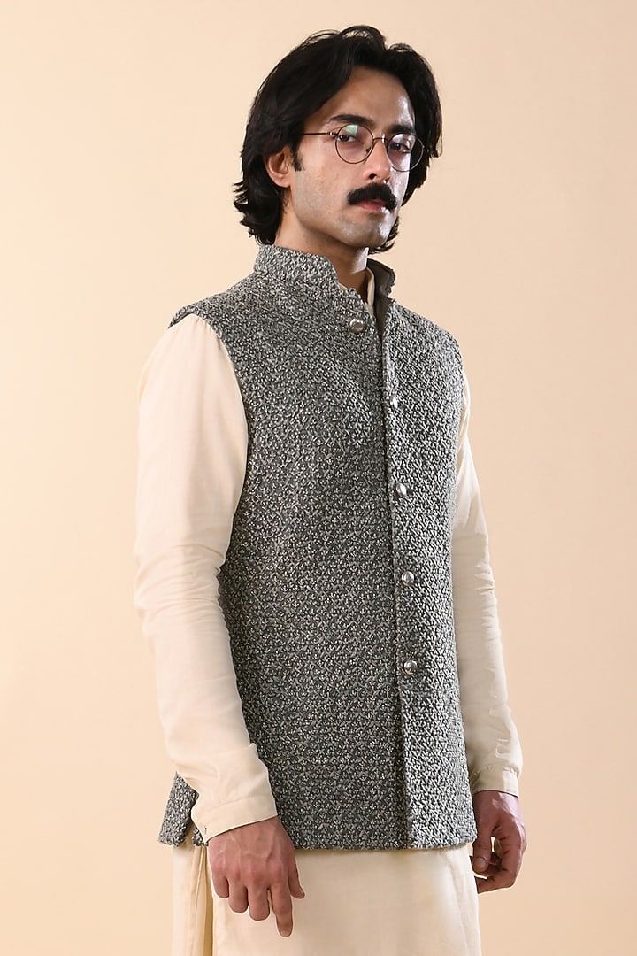 Washed Olive Linen Satin Nehru Jacket by Kunal Rawal at Pernia's Pop Up Shop