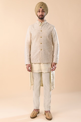 Vanilla White Suiting Scallop Embroidered Nehru Jacket by Kunal Rawal