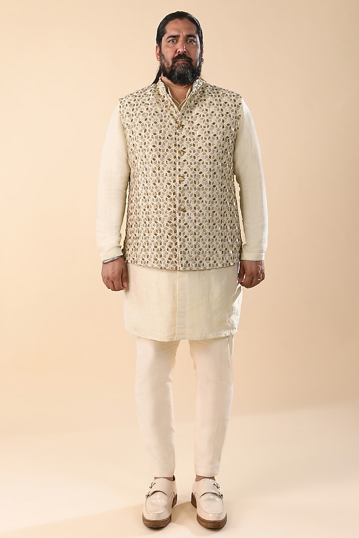 Beige & Gold Suiting Embroidered Nehru Jacket by Kunal Rawal