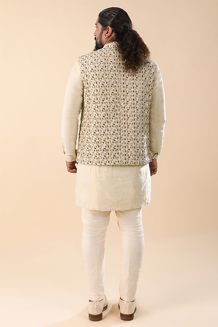 Beige & Gold Suiting Embroidered Nehru Jacket by Kunal Rawal at Pernia's Pop Up Shop