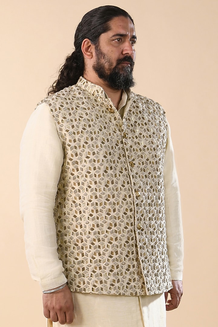 Beige & Gold Suiting Embroidered Nehru Jacket by Kunal Rawal at Pernia's Pop Up Shop