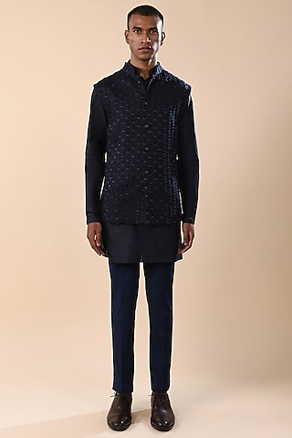 Navy Blue Linen Satin Thread Work Nehru Jacket by Kunal Rawal
