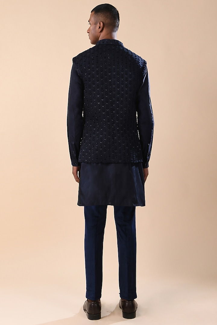 Navy Blue Linen Satin Thread Work Nehru Jacket by Kunal Rawal at Pernia's Pop Up Shop