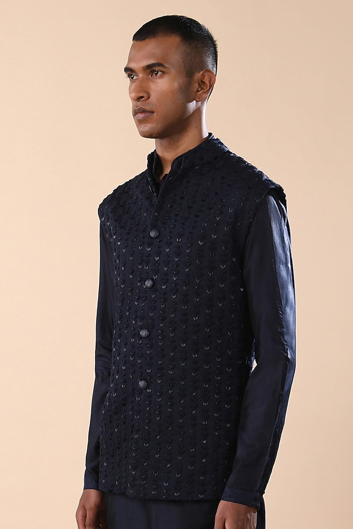 Navy Blue Linen Satin Thread Work Nehru Jacket by Kunal Rawal at Pernia's Pop Up Shop