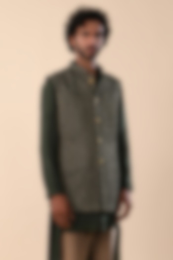 Navy Blue Linen Satin Thread Work Nehru Jacket by Kunal Rawal at Pernia's Pop Up Shop